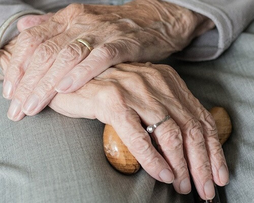 hands of an elderly person with walking stick